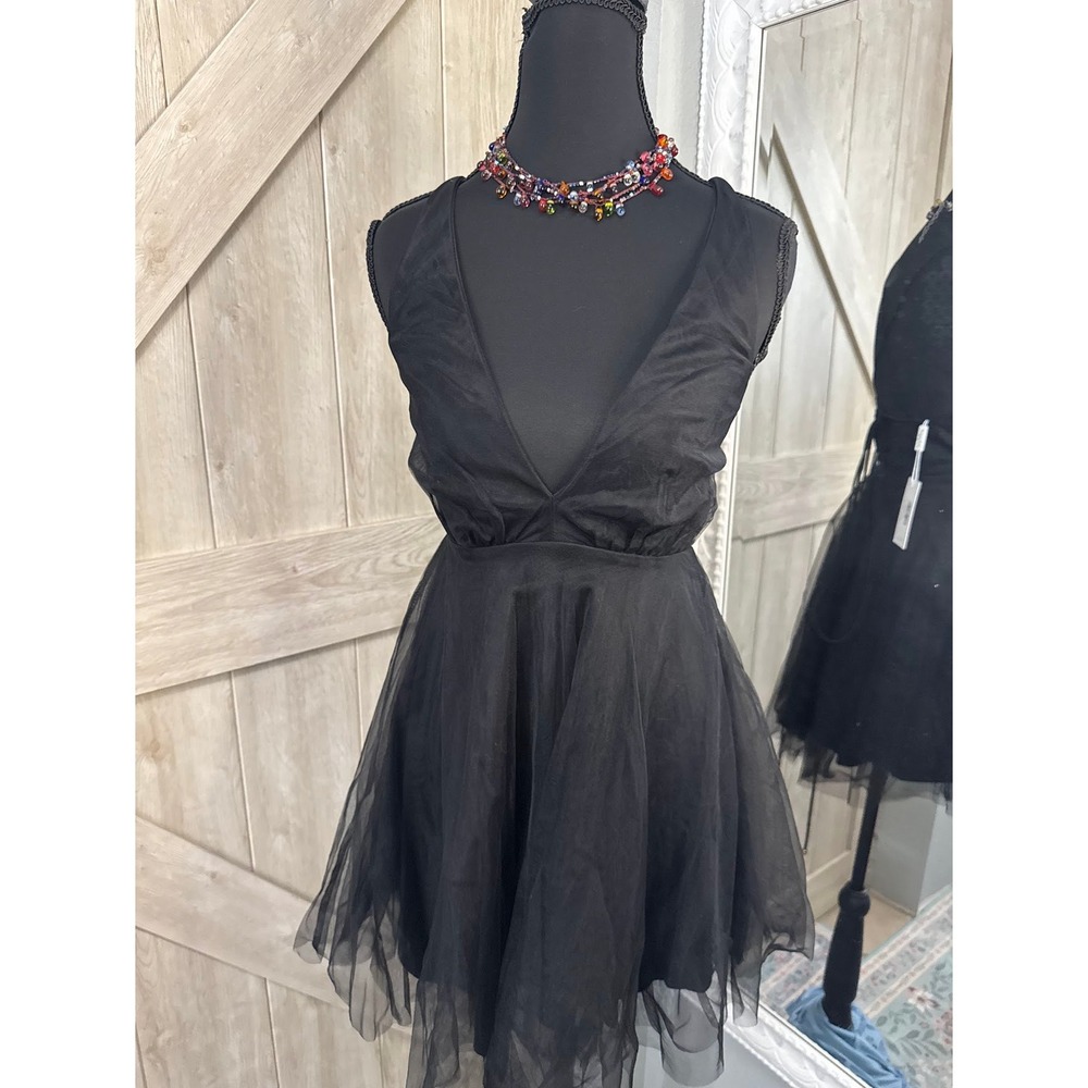 Petal + Pup Black Tulle Mini Dress V-Neck Open Back Womens XS